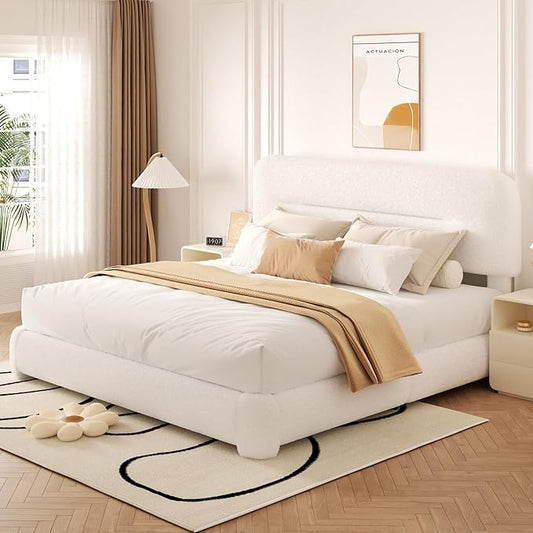 King Size Cloud Bed Frame, Upholstered Boucle Platform Bed with Adjustable Headboard, Anti-Collision Soft Rounded Corners, Noise Free, Easy Assembly, White