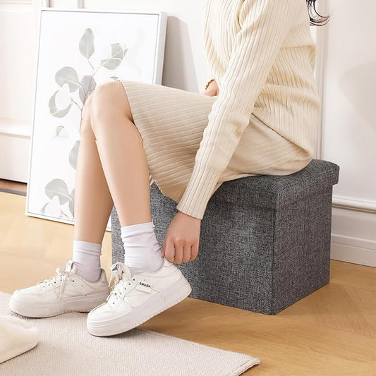 CUYOCA Storage Ottoman Cube Small Footrest Foldable Seat Foot Stools Square Tufted Ottoman Linen Dark Grey