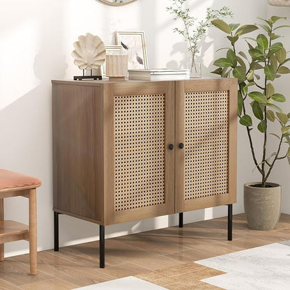 COSTWAY Buffet Cabinet with Storage, Storage Sideboard with Rattan Decorated Doors, Adjustable Shelf, Metal Legs, Accent Cabinet, Buffet Table Credenza for Hallway, Entryway, Living Room (1, Oak)