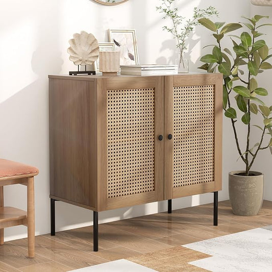 COSTWAY Buffet Cabinet with Storage, Storage Sideboard with Rattan Decorated Doors, Adjustable Shelf, Metal Legs, Accent Cabinet, Buffet Table Credenza for Hallway, Entryway, Living Room (1, Oak)