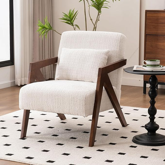Mid-Century Modern Accent Chair with Solid Wood Frame，Upholstered Chenille Living Room Arm Chairs with Pillow for Bedroom, Living Room, Reading Room, Balcony, Beige