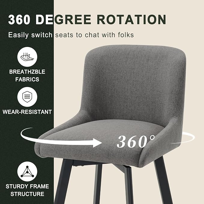 Swivel Bar Stools Set of 2, 30''H Upholstered Barstools with Backs, Modern Counter Height Bar Stool Chairs for Kitchen Island, Metal Legs, Fabric, Gray Counter Stools