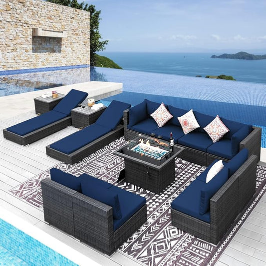 NICESOUL 13Pcs Patio Furniture Sets with Firepit, Contemporary Rattan Modular 10-Seater Outdoor Patio Set with Matching Chaise, Extra Wide Deep Seat Sectional Sofa and Lounger for Deck, Grey&Navy Blue