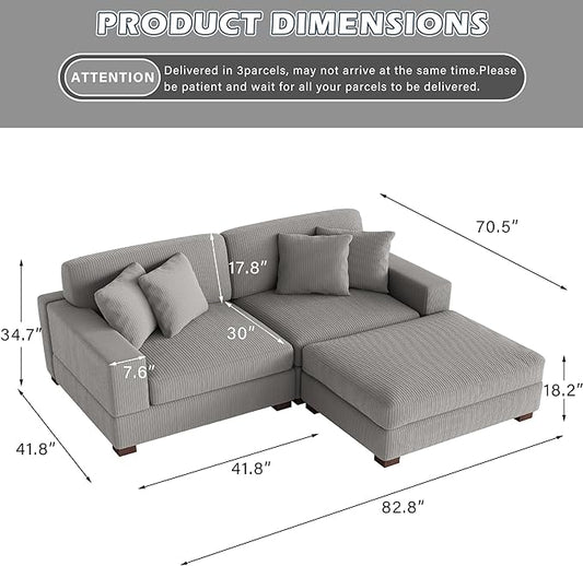 Modular Sectional Couches for Living Room, Modern Loveseat 2-Seater Sofa Couch with Ottoman, Upholstered Couches for Living Room Bedroom, Light Grey