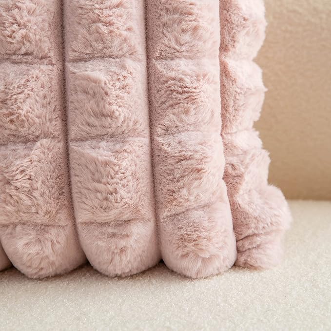 Neelvin Pink Faux Fur Cozy Soft Plaid Decorative Throw Pillow Covers 24x24 inch Set of 2,Velvet Pillowcase Cushion Case for Sofa Couch
