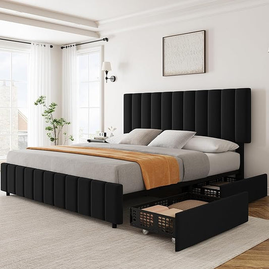 Garvee Full Size Bed Frame with 4 Storage Drawers, Adjustable Height Headboard, Linen Upholstered Platform Bed Frame, No Box Spring Needed, Easy Assembly, Black