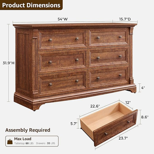 Farmhouse 6 Drawers Dresser for Bedroom, 54" Wide Large Dressers & Chests of Drawers w/Roman Column, Wooden Dresser TV Stand with Large Drawers for Bedroom Living Room Hallway,Reclaimed Barnwood