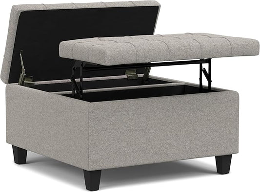 SIMPLIHOME Harrison 30 inch Wide Transitional Square Small Coffee Table Storage Ottoman in Cloud Grey , Assembled, For the Living Room and Bedroom