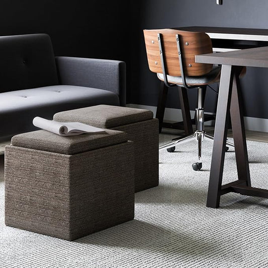 SIMPLIHOME Rockwood 18 inch Wide Contemporary Square Cube Storage Ottoman with Tray in Mink Brown Tweed Look Fabric, Assembled, For the Living Room, Entryway and Family Room