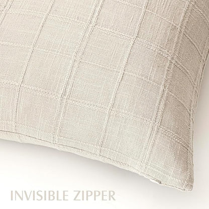 Foindtower Set of 2 Decorative Linen Check Throw Pillow Covers Neutral Farmhouse Vintage Cushion Covers Modern Boho Home Decor for Sofa Chair Couch Bedroom Living Room,18×18 Inch,Natural Beige