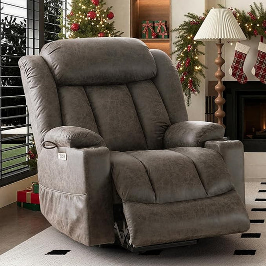 HUSFU Power Lift Recliner Chairs for Elderly with Massage and Heat, Extra Wide Oversized Recliners, Breathable Leather Lift Chairs w/Cup Holders, USB & Type-C Ports, Grey