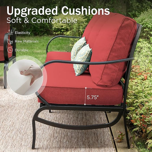 PHI VILLA 6 Piece Patio Furniture Sets with 1 x 3-Seat Deep Seating Bench, 2 x Cushioned Swivel Sofa Chairs, 1 x Coffee Table & 2 Ottoman, Outdoor Metal Conversation Set for Lawn Garden Yard, Red