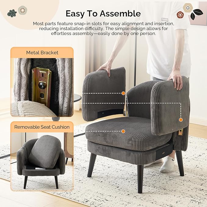 VINGLI 30.3" Wide Modern Barrel Accent Armchair with Track Armrest, Solid Wooden Legs, Comfy Upholstered Club Chair, Round Single Home Sofa for Living Room, Bedroom, Reading Room, Corduroy Grey