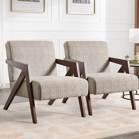 Bonzy Home Mid-Century Modern Accent Chair Set of 2 with Wood Frame, Upholstered Armchair for Bedroom & Living Room, Linen Fabric Cushion, Z-Shaped Armrest Design, Sturdy Lounge Chair,Brown