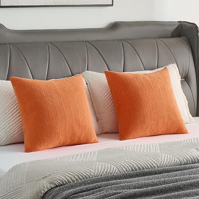 FUTEI Orange Chenille Throw Pillow Covers 20x20 Inch Set of 2,Soft Striped & Diamond Textured Cushion Cases,Modern Home Decor for Couch Living Room