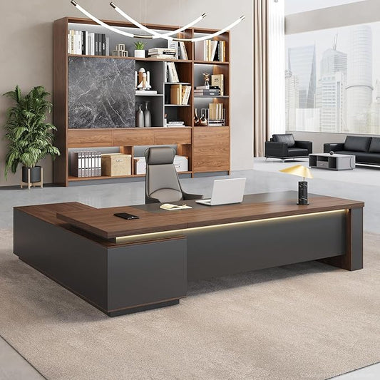 L-Shaped Executive Desk with LED Lights, Lockable Storage & 3-in-1 Charging Station, Reversible Cabinet, Modern Wood Office Desk for CEO, Manager & Home Office(Black Walnut+Khaki, 95"L*71"W*30"H)