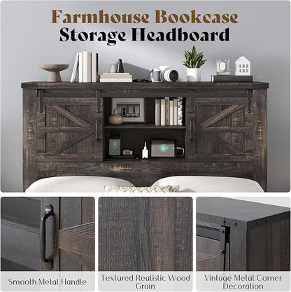 AMERLIFE Farmhouse Full Bed Frame with Storage Headboard & Charging Station, Rustic Wood Platform Bed with Barn Door Bookcase, No Box Spring Needed, Dark Oak Bedroom Furniture