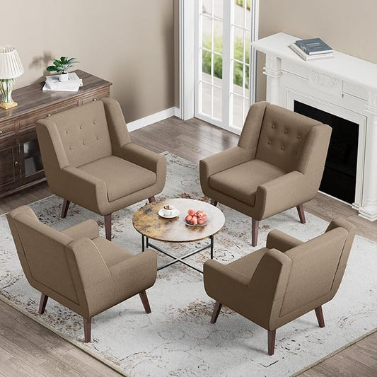 HUIMO Accent Chair, Upholstered Button Tufted Armchair, Linen Fabric Sofa Chairs for Bedroom, Living Room, Mid-Century Modern Comfy Reading Chair (4, Brown)