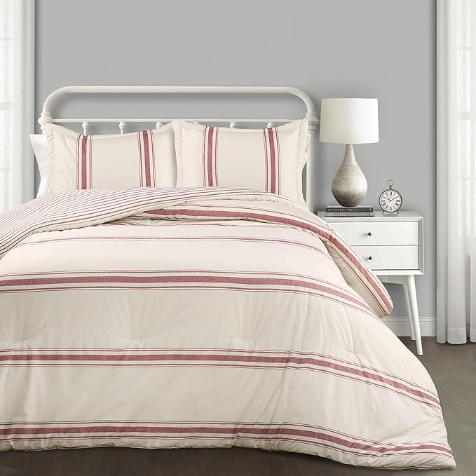 Lush Decor Farmhouse Stripe Reversible Cotton Comforter Set, 3 Piece Set, King, Red - Cozy F𝚊rmhouse Bedding Set - Rustic Decor - Striped Comforter - Modern Farmho𝚞se Bedroom Decor