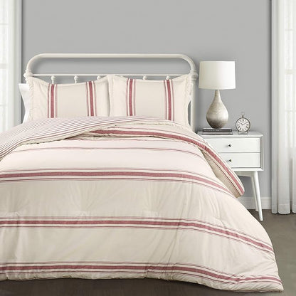 Lush Decor Farmhouse Stripe Reversible Cotton Comforter Set, 3 Piece Set, King, Red - Cozy F𝚊rmhouse Bedding Set - Rustic Decor - Striped Comforter - Modern Farmho𝚞se Bedroom Decor
