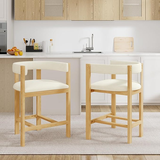 Christopher Knight Home Set of 2 Rylan Modern Fabric Upholstered Dining Room Counter Height Barstools,Kitchen Island Rubberwood Counter Stool,Armchair with Footrest+Curved Backrest,Beige+Natural