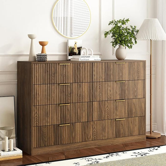8 Drawer Dresser for Bedroom, Modern Fluted Double Dresser, 55" Wide Chest of Dressers, Mid Century Wooden Beside Table for Closet, Living Room and Entryway, Natural