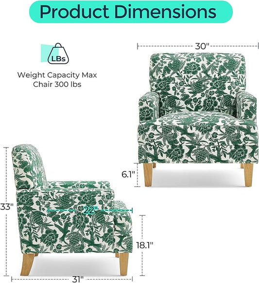 LINSY Floral Accent Chair, Large Armchair with Rubberwood Legs, Mid Century Upholstered Reading Chair, Comfy Oversized Single Sofa Chair for Living Room Bedroom Office Study, Floral Green