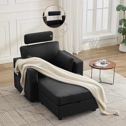 41.1" Accent Storage Sofa Chair with Ottoman, Faux Leather Living Room Chaise Lounge Chair with Headrest & Side Pockets, Modern Upholstered Comfy Arm Chairs, Sleeper Sofa, Reading Club Chairs, Black