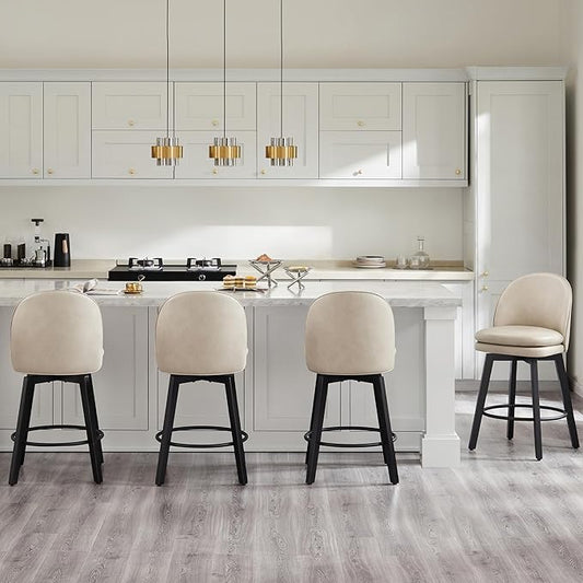Counter Height Barstools 26 inch Upholstered Swivel Bar Stools with Back and Wood Legs for Kitchen Island,Set of 1,Beige PU Leather-Armless