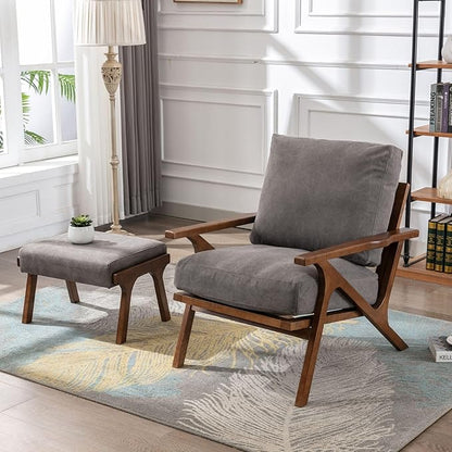 Wahson Mid Century Arm Chair and Ottoman Set, Upholstered Accent Armchair with Wood Frame and Canvas Cushions, Leisure Slipper Chair for Living Room/Bedroom, Grey