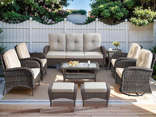 HUMMUH 9-Piece Outdoor Patio Furniture PE Wicker Patio Conversation Set,High Back Patio Couch with Ottomans Coffee Tables Outdoor Chairs for Backyard,Porch,Deck