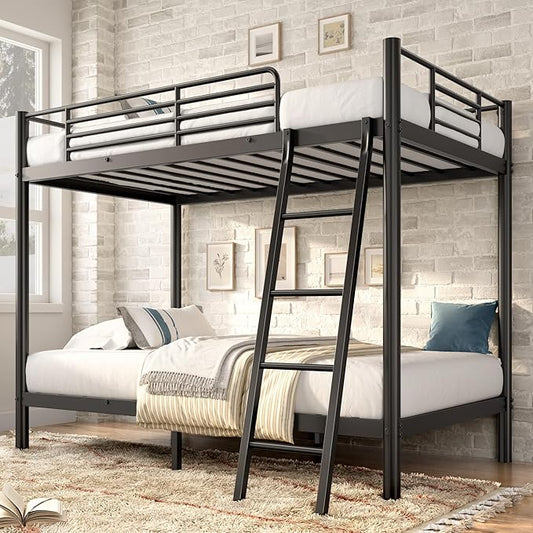Bunk Bed Twin Over Twin, Heavy Duty Metal Bunk Bed Frame with Angled Ladder for Teens and Adults, for Spaces-Saving, Smooth Rounded Edges, Noise Free & Easy Assembly, Black