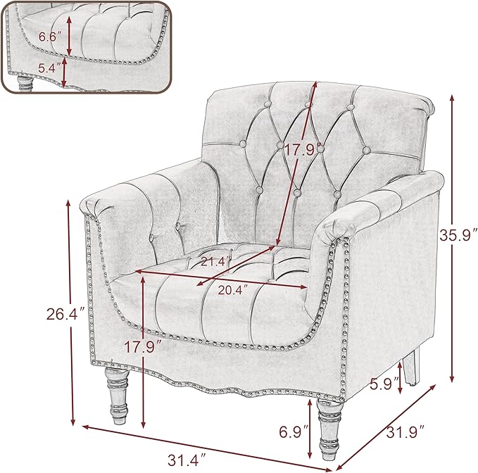 UIXE Faux Leather Accent Chair for Living Room, Tufted Arm Chair Retro Upholstered Club Armchair with Solid Wood Legs - Dark Red, Set of 2