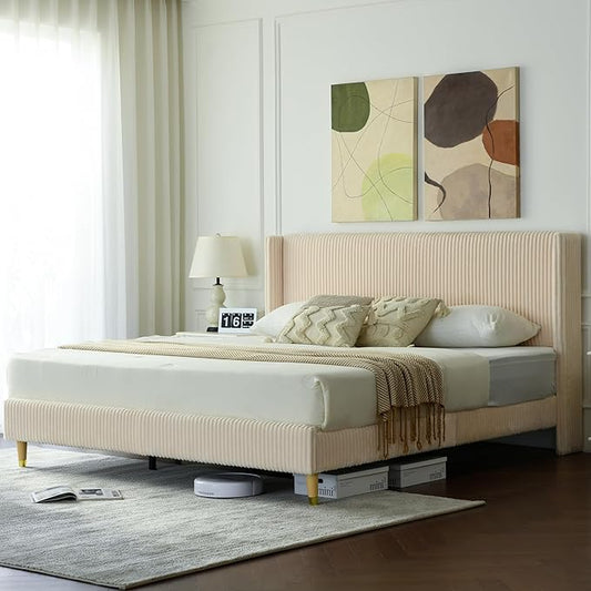 PINJU King Size Bed Frame, Upholstered Platform Bed with Modern Vertical Striped Wingback Headboard with Wooden Slats, Easy to Assemble No Noise Free (Beige, King (U.S. Standard))