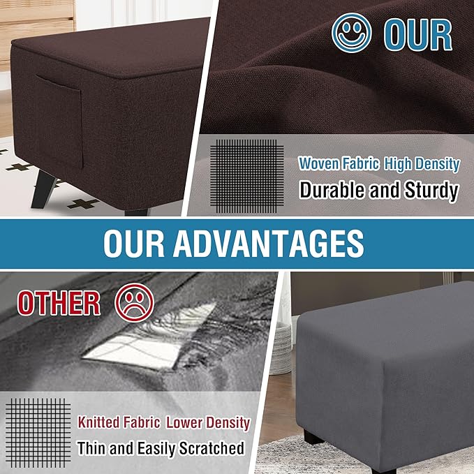 H.VERSAILTEX Soft Sturdy Linen Look Ottoman Cover Rectangle Fit Length 43"-44" Footrest Ottoman Slipcovers for Foot Stool & Folding Storage Furniture with Storage Side Pocket - Heather Chocolate