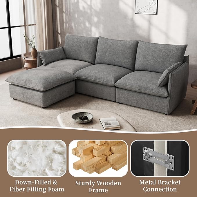 Waterproof Cloud Sectional Couches,High Backrest Down Filled Sofa for Living Room,94.5" Modular Sofas L-Shaped with Ottoman,Detachable Couch Covers,Dark Grey