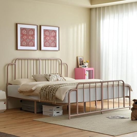 PINJU Metal Platform Bed Frame with Headboard and Footboard, Classic Style, Sturdy Metal Slats, No Box Spring Needed, Easy Installation (Pink, King)