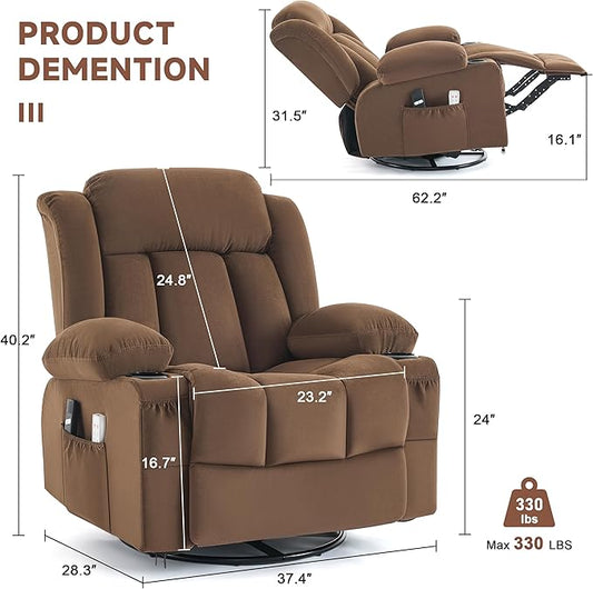 Power Swivel Rocker Recliner Chair with Heat and Massage, USB and Type-C Charging Port, Electric Glider Rocking Chairs, Oversized Recliner Chairs for Adults(Fabric, Brown)