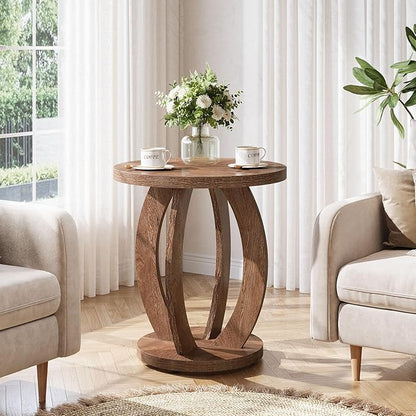 Tribesigns End Table, Round Side Table with Storage, Farmhouse Nightstand Bedside with Round Tabletop, Accent End Table for Living Room Bedroom Small Space, Wooden Accent Furniture, Rustic Brown