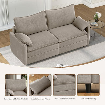 Vesgantti 74" Loveseat Sofa for Living Room, Comfy Cloud Couch Deep Seat Chenille Modern 2 Seater Small Sofa with Armrest Pillow, Easy Assembly for Small Spaces, Light Brown