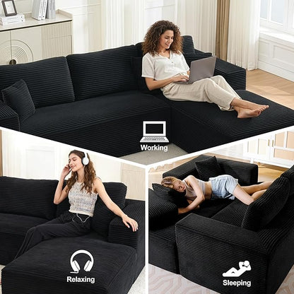 Modular Sectional Cloud Couch for Living Room,Modern Boneless Couche Set with Plush Corduroy,Comfy Floor Sofa with Memory Foam,Stupendous U Shaped Sofa with Ottoman,No Assembly Required,Black