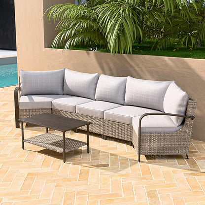 COOS BAY Aurora Terrace Half-Moon Outdoor Furniture Set, Rattan Conversation Set with Curved 5-Seat Sofa, Coffee Table, Seats 5, Beige/Beige