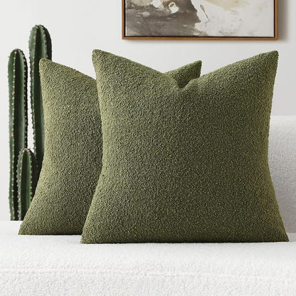 FUTEI Pack of 2 Moss Green Decorative Throw Pillow Covers 26x26 Inch Soft Cozy Solid Boucle Textured Euro Pillow Shams,Modern Home Decor for Couch Bed Living Room