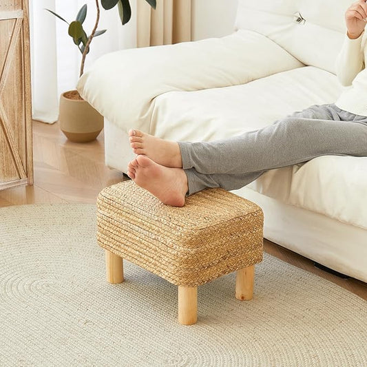 Ottoman Foot Stool Rectangular Footrest Natural Seagrass Footstool with Wooden Legs Hand Weave Multifunctional Modern Dressing Stool, Sofa Side Table for Bedroom for Living Room (Nature)