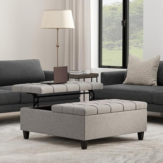 SIMPLIHOME Harrison 40 inch Wide Transitional Square Large Coffee Table Storage Ottoman in Cloud Grey , Assembled, For the Living Room and Bedroom
