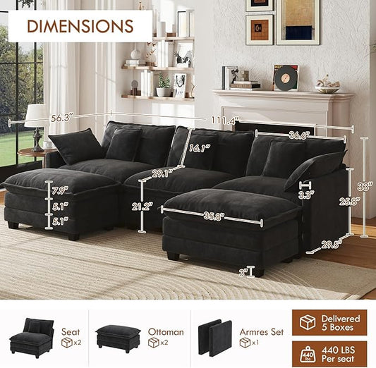 WorthFurni 111.4” Modular Sectional Sofa, U Shape Cloud Couch with 2 Movable Ottoman, Comfy Chenille Deep Seat Sofa with Soft Pillows for Living Room Apartment (Black)