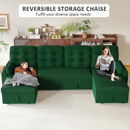 Ucloveria Sleeper Sofa Bed, 112" U Shaped Sectional Sofa Couches for Living Room, Pull Out Couch Bed with Dual Reversible Storage Chaise | Charging Station | Side Pockets | Removable Backrest