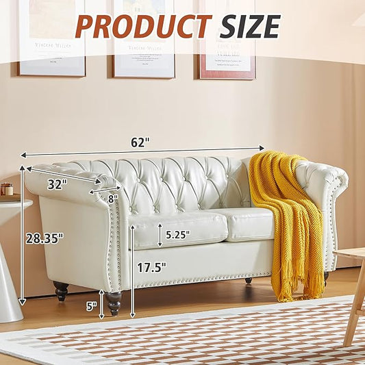 Chesterfield Loveseat Sofa, Modern Leather Small Sofa Couch 2 Seater with Rolled Arms and Nailhead, Mid Century Modern Loveseat Couch for Small Spaces Living Room Bedroom Apartment, White