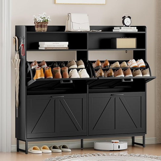 Shoe Cabinet Storage for Entryway, Shoe Storage Cabinet with 4 Flip Drawers, Freestanding Narrow Shoe Rack Organizer with Metal Legs, Adjustable Shelves & Open Storage for Foyer, Hallway, Black