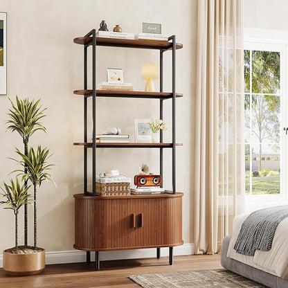 71" Tall Fluted Bookshelf with Sliding Tambour Doors, 4-Tier Mid Century Modern Metal Bookcase Cabinet w/Open Display Storage Shelf, Display Cabinet for Office, Living Room Walnut